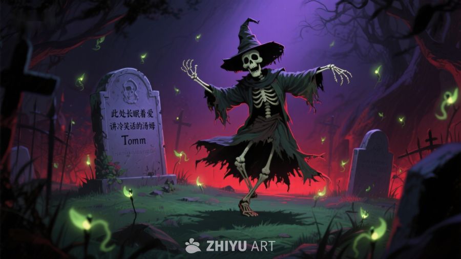 幽灵般的骷髅在墓地舞动