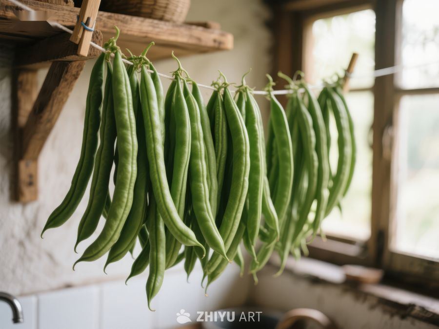 悬挂晾干的绿色豆荚 545