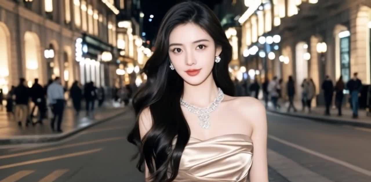 华灯初上，黑发美女着晚礼服漫步街头
