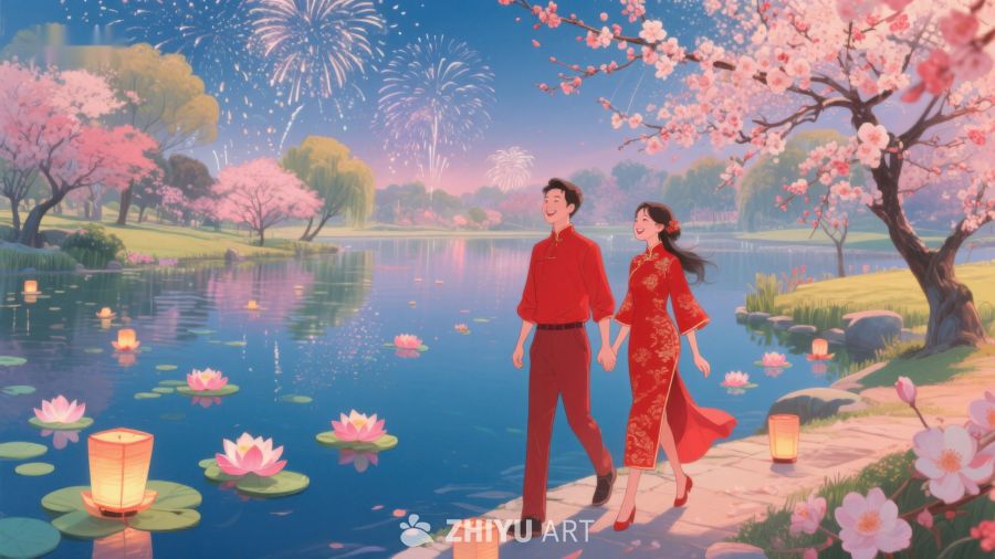 湖畔夜景中漫步的情侣 339