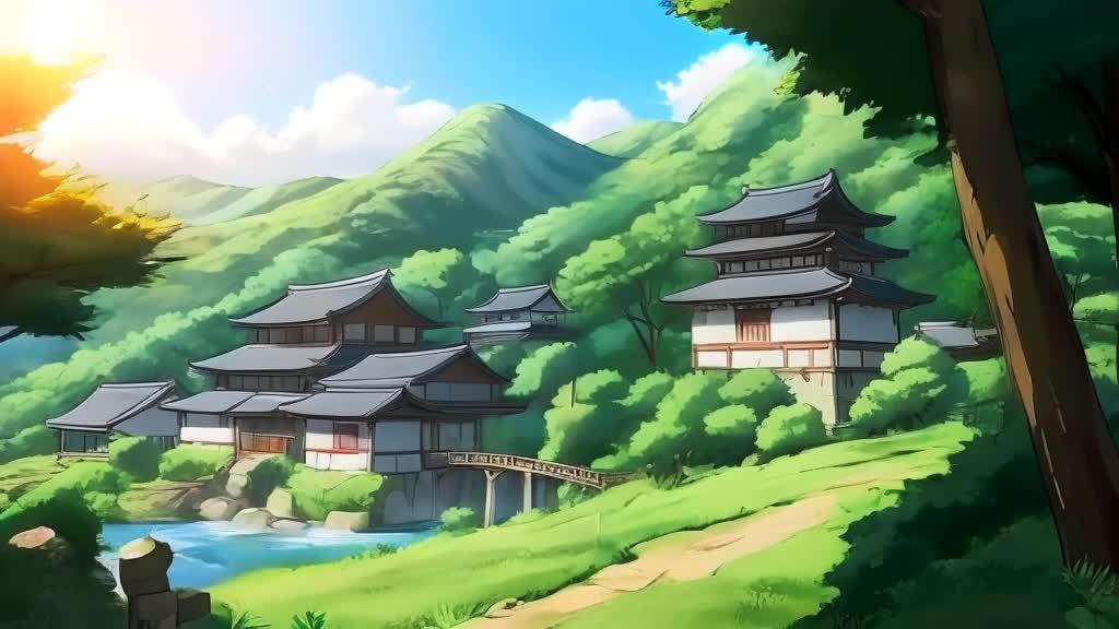 画面呈现一个村庄的全景，村庄的建筑风格传统，周围环