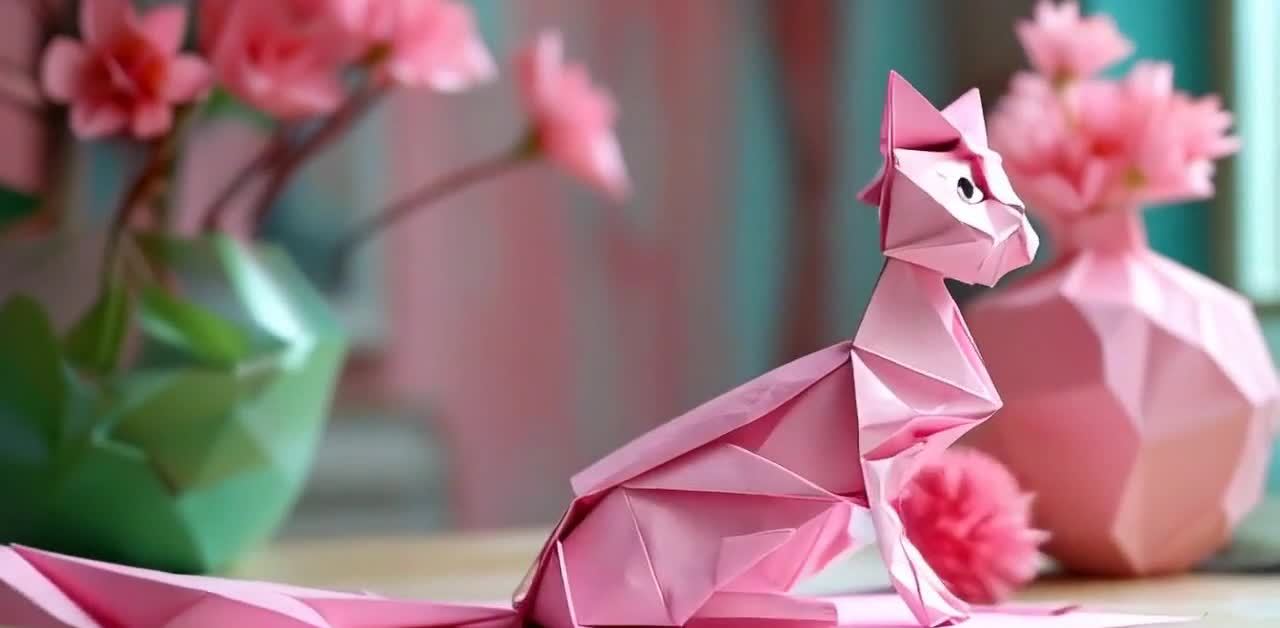 粉色纸艺猫与花瓶鲜花静物