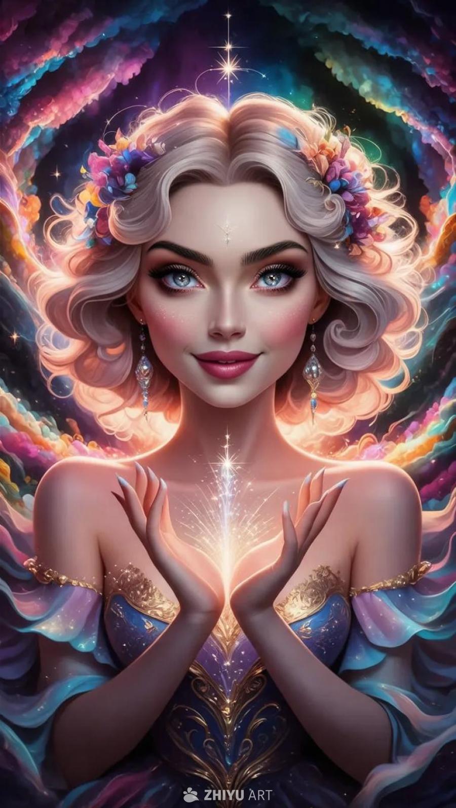 一位女性，她有着卷曲的白发，戴着花朵头饰，背景是色