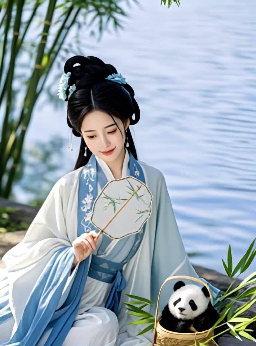 汉服女子竹林湖畔抚摸竹篮熊猫