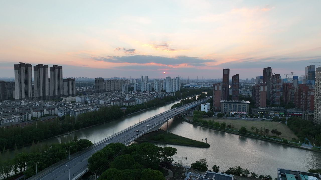 4K航拍昆山城市日落风光大景 2