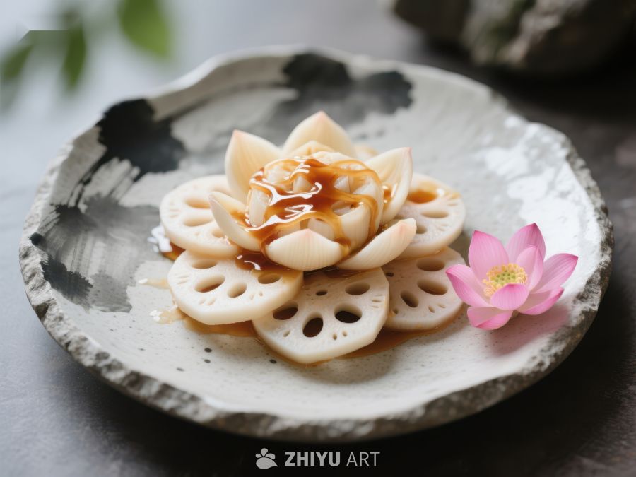 莲藕花式摆盘，点缀粉色莲花 791