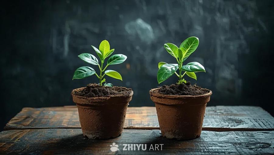 两个小盆栽放置在桌子上，房间黑暗。