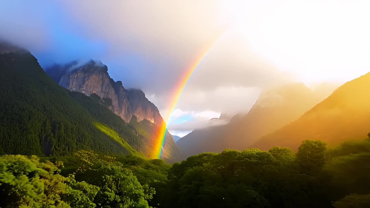 高耸的山峰和茂密的绿植构成了一幅壮丽的风景。一道鲜