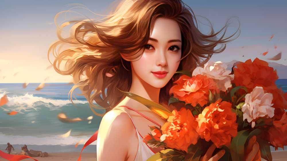 手拿花花的插画美女