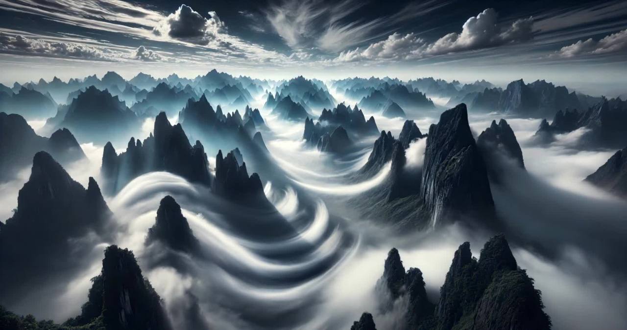 云雾缭绕的山脉在画面中呈现，山峰高耸，形态各异。云