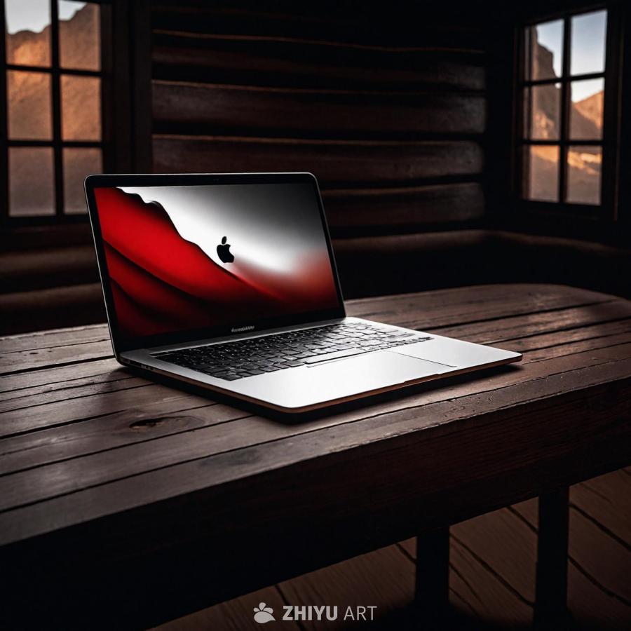 一张木桌上放置着一台MacBook笔记本电脑。电脑