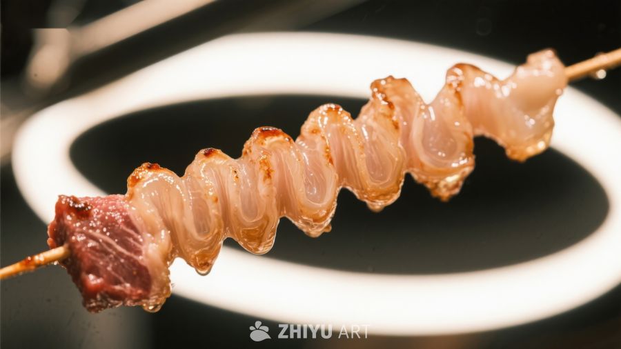 串烧肉片在灯光下特写