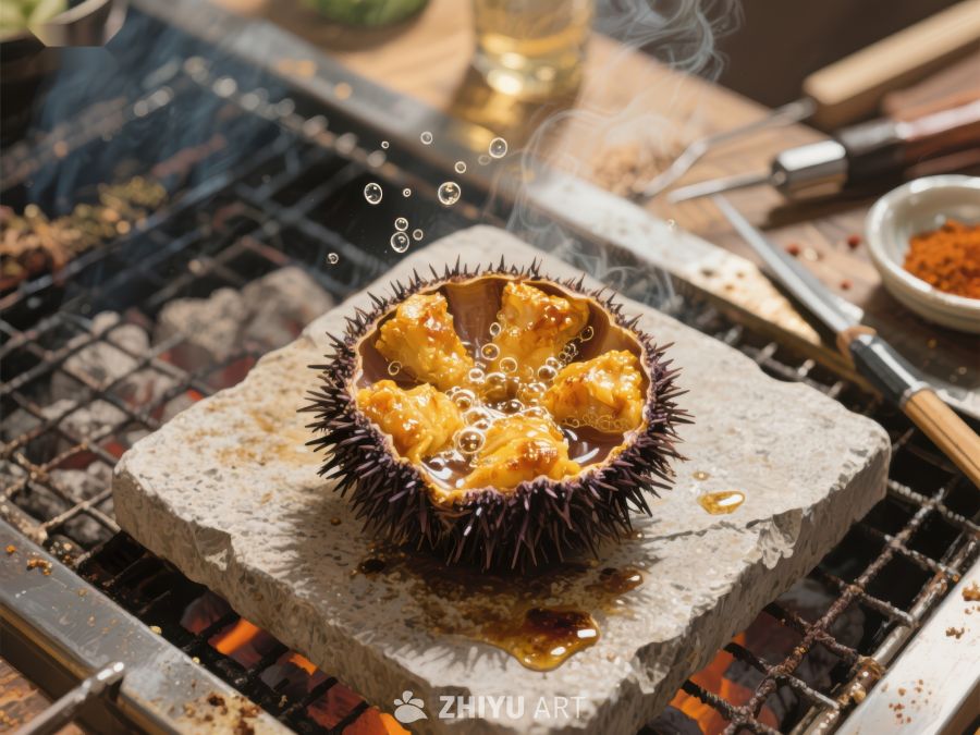 海胆壳烤肉，石板上的美味