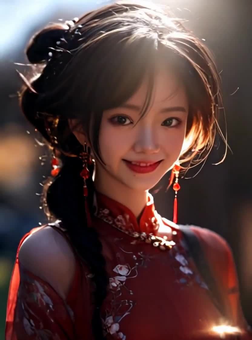 古典红衣女子，眼神平静，发饰耳饰精致细腻。