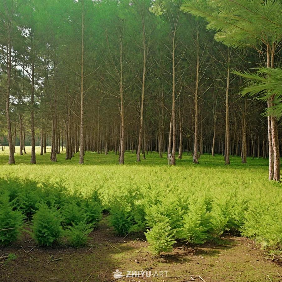 一片茂盛的绿色草地，周围环绕着一片茂密的森林，森林