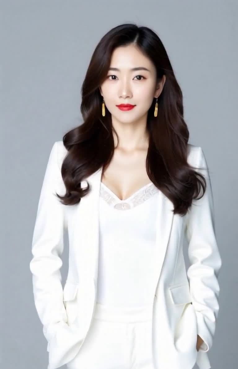 身穿白色套装，化精致妆容的亚洲女性肖像