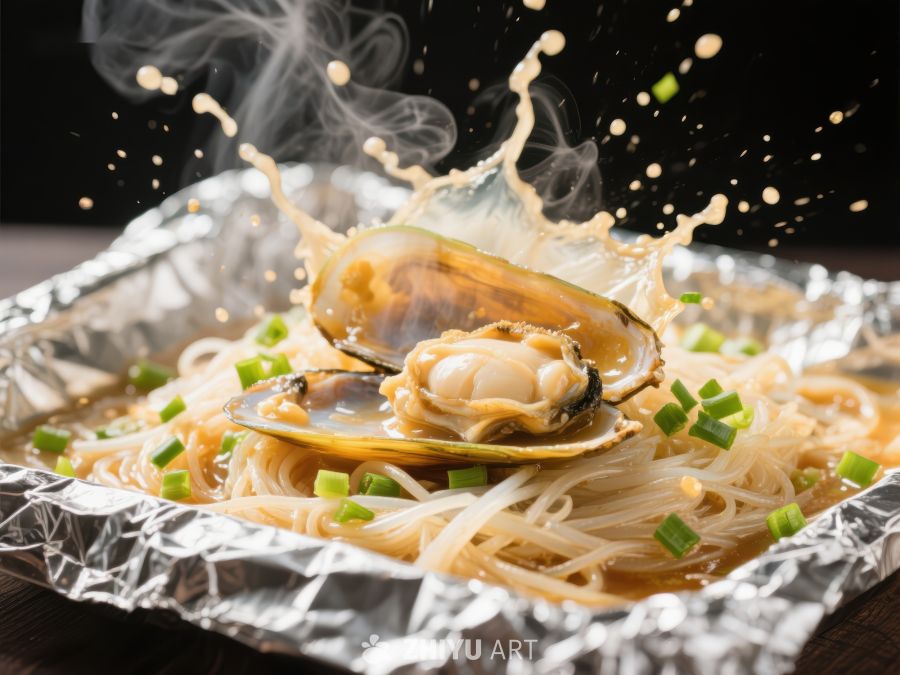 热气腾腾的锡纸蒸海鲜粉丝