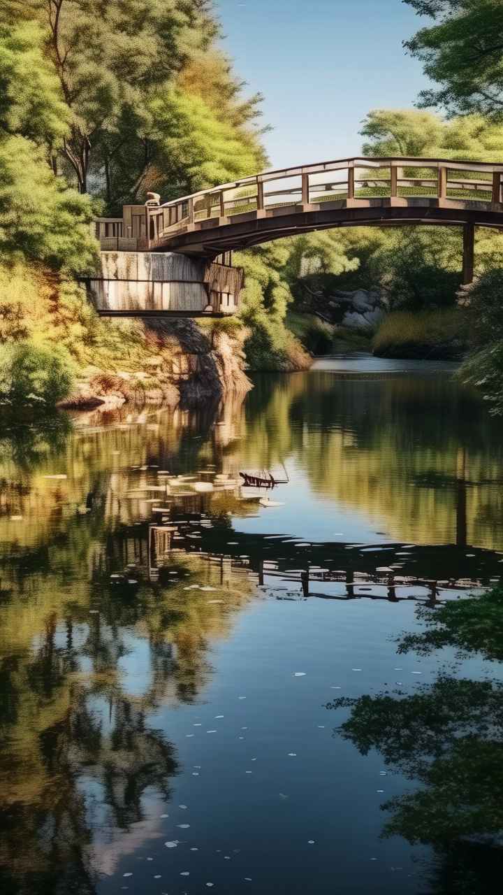 一条小溪旁一座小木桥横跨在水面上 16