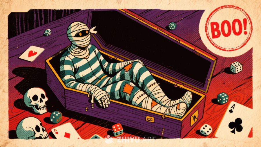 木乃伊躺棺材，骰子扑克散四周