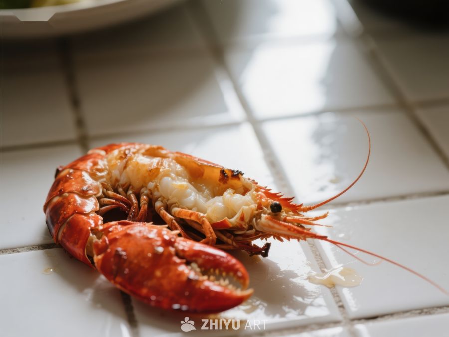 煮熟的龙虾置于瓷砖台面