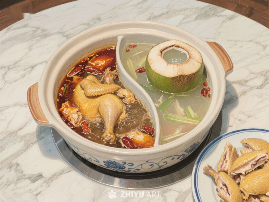 鸳鸯火锅：麻辣鸡肉与椰汁清汤的完美结合 858