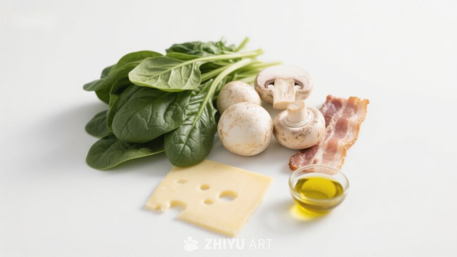 新鲜食材组合：菠菜、蘑菇、奶酪与培根