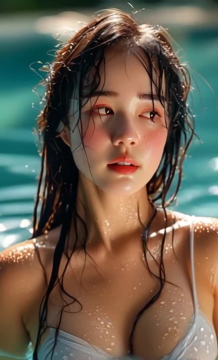 水中湿发亚裔美女，脸颊红润，着吊带戏水。