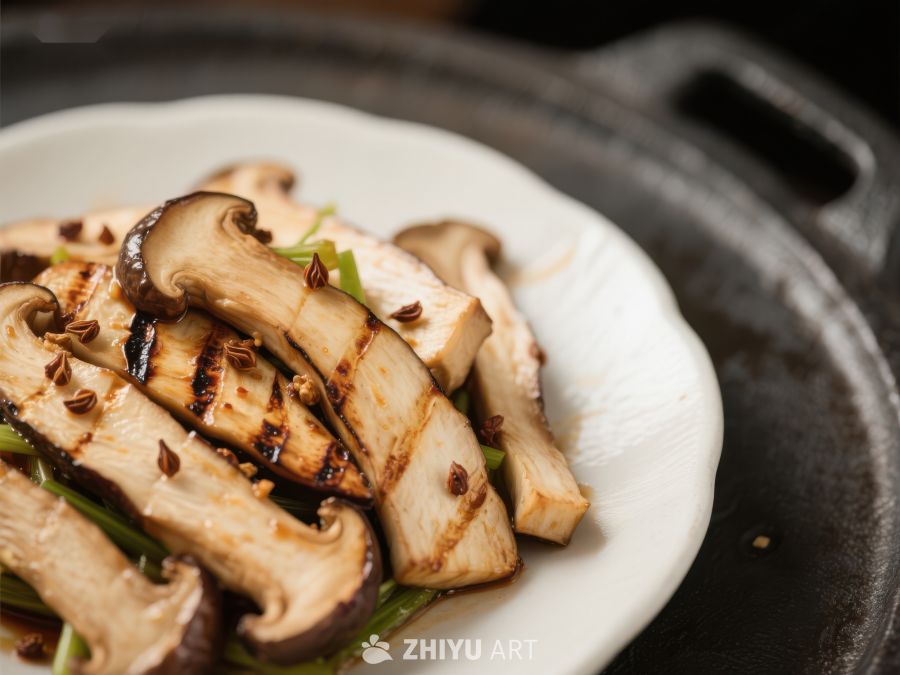 烤制香菇配青蒜美食特写 627