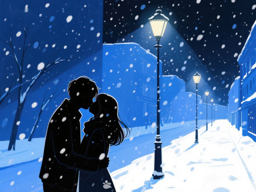 雪夜街灯下的情侣拥吻 969