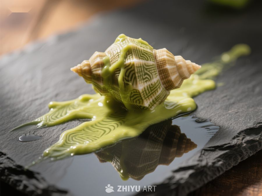 绿色酱汁装饰的贝壳艺术摆盘 900