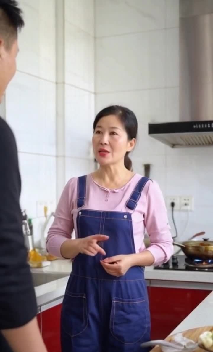 厨房里，妇女穿着背带裤和男子交谈