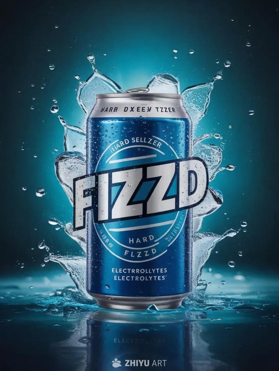 一个蓝色的饮料罐被水花包围。罐子上有“FIZZD”