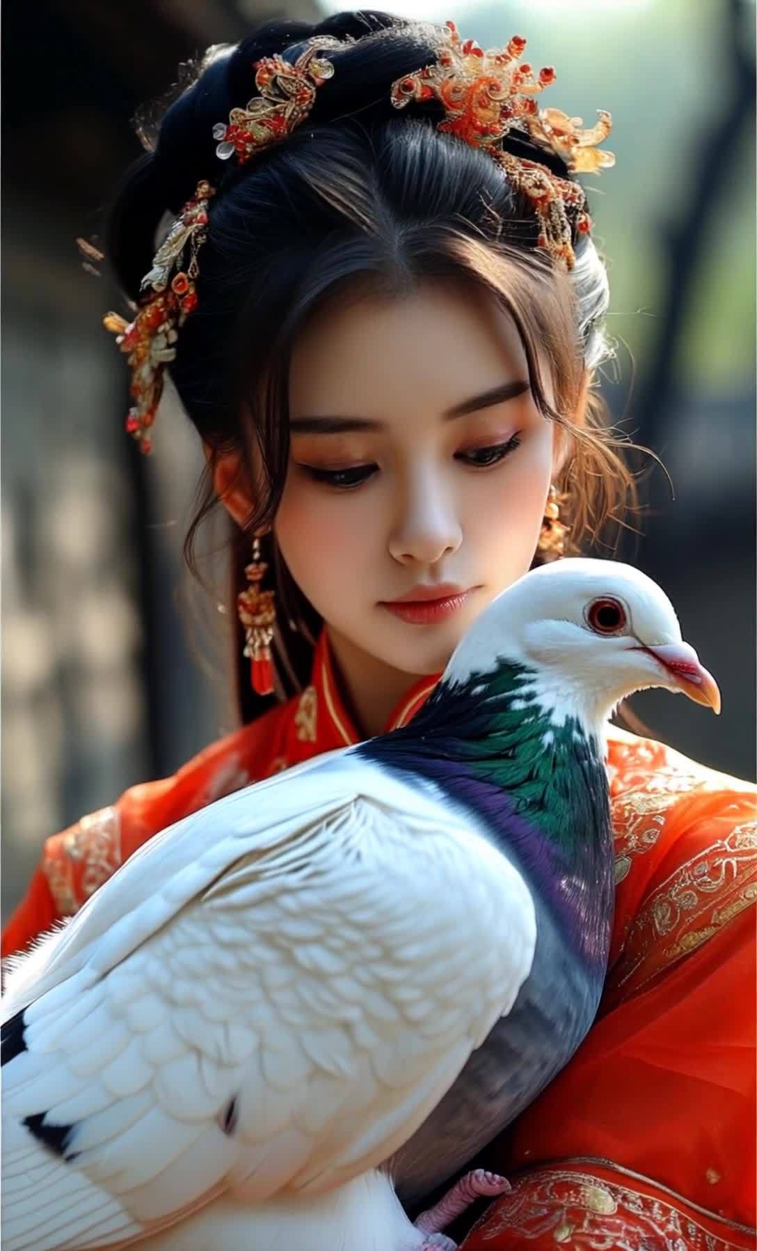 一名身穿红色汉服的年轻女子，怀中抱着一只鸽子。女子