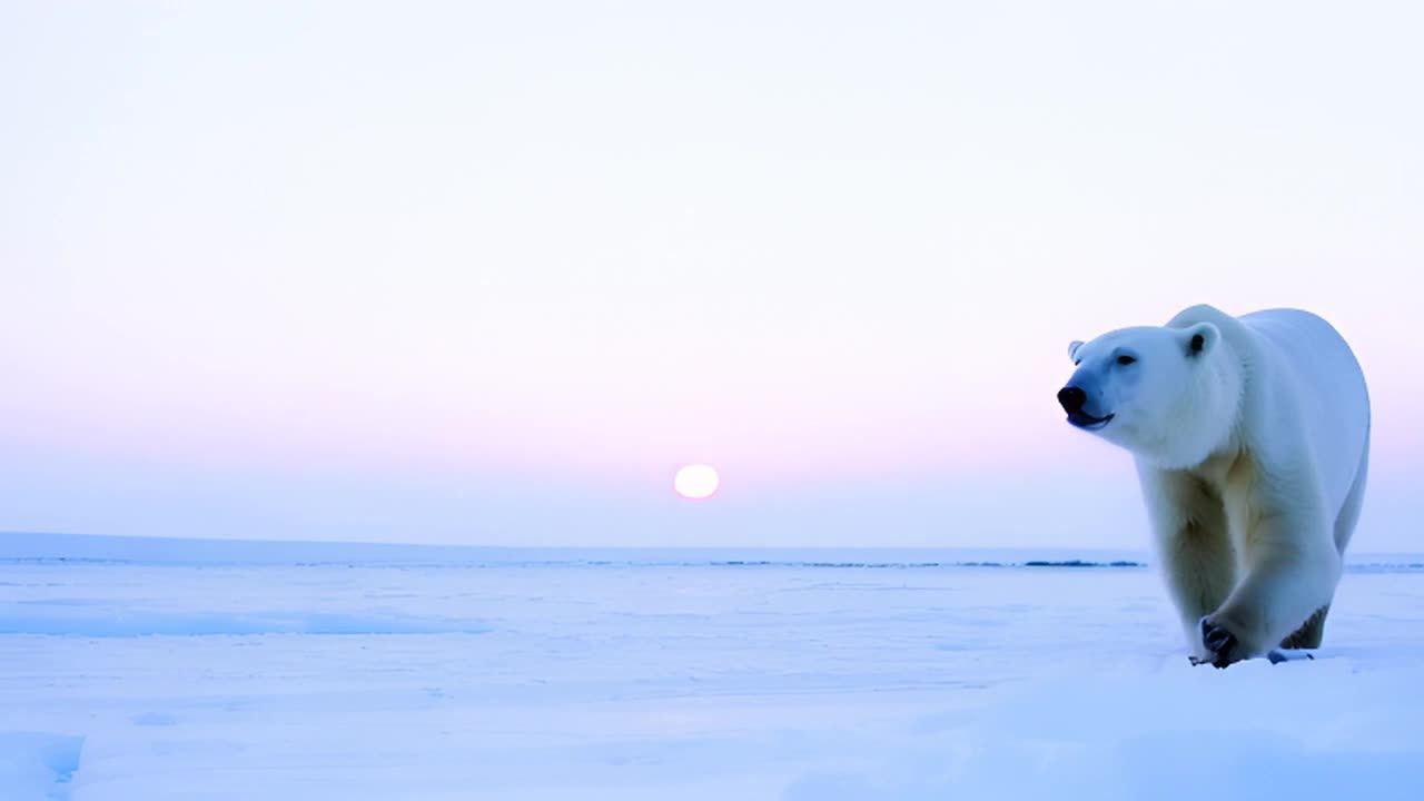广阔的冰雪景观延伸至地平线，覆盖着无尽的雪。一头巨