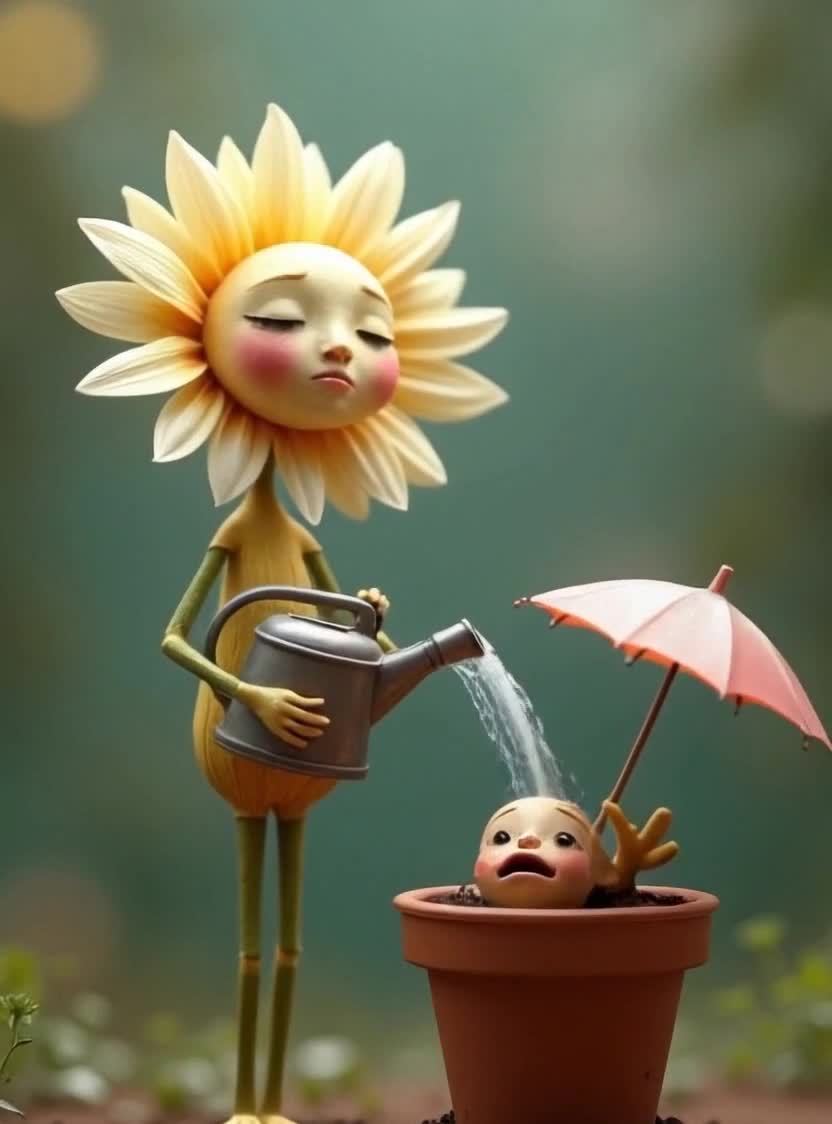 一朵面带甜蜜表情的拟人化花朵，细长的身体和精致的花