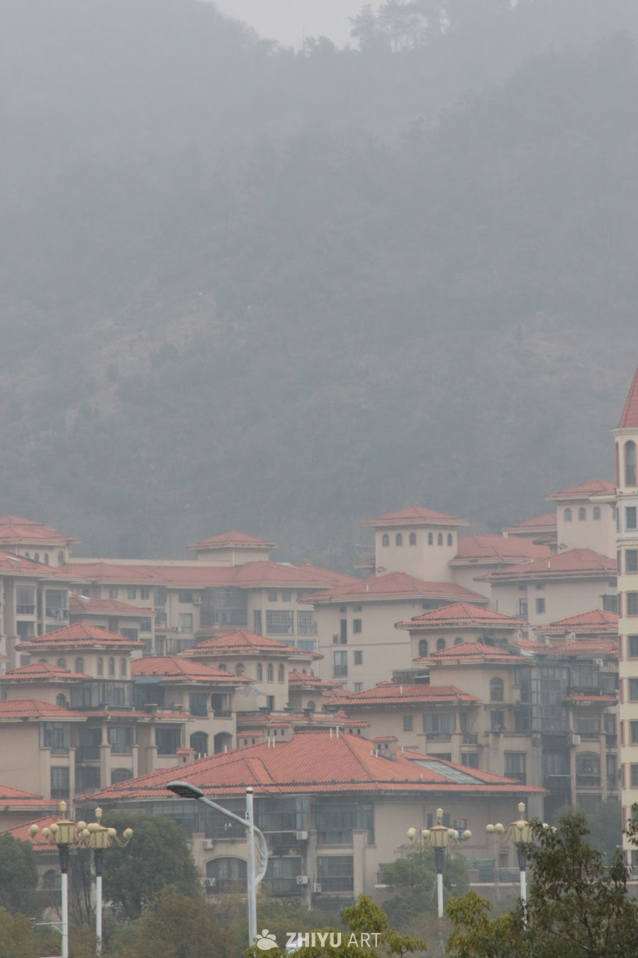 雾中红顶建筑群