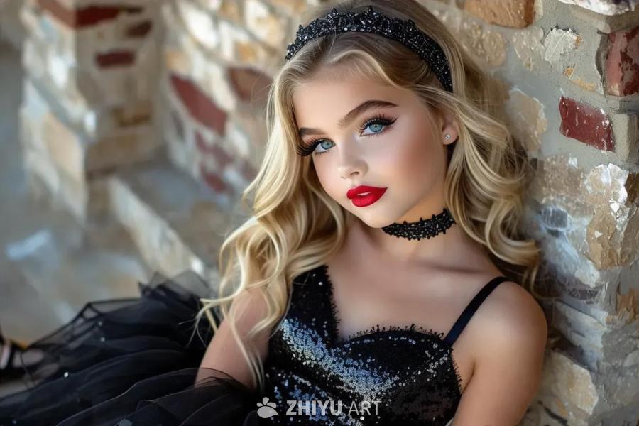一个穿着黑色闪光裙和高跟鞋的少女摆着模特的姿势。她