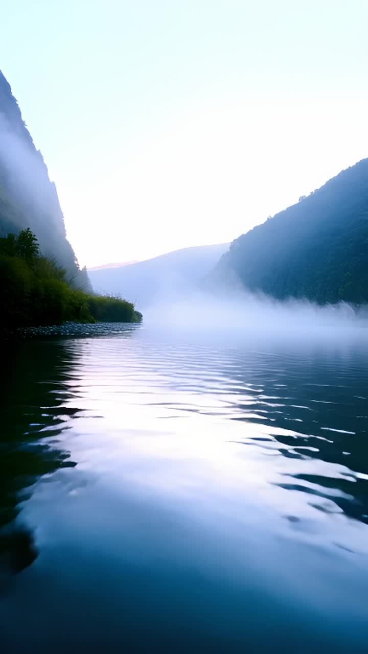 一条平静的河流在雾气笼罩的山谷中蜿蜒流淌。相机沿着