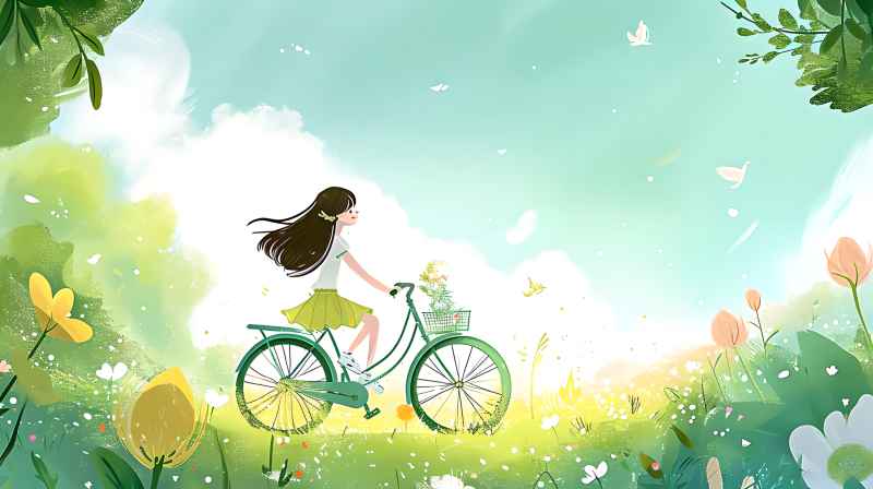 在自行车上的一个卡通女孩，在自然启发的意象 17