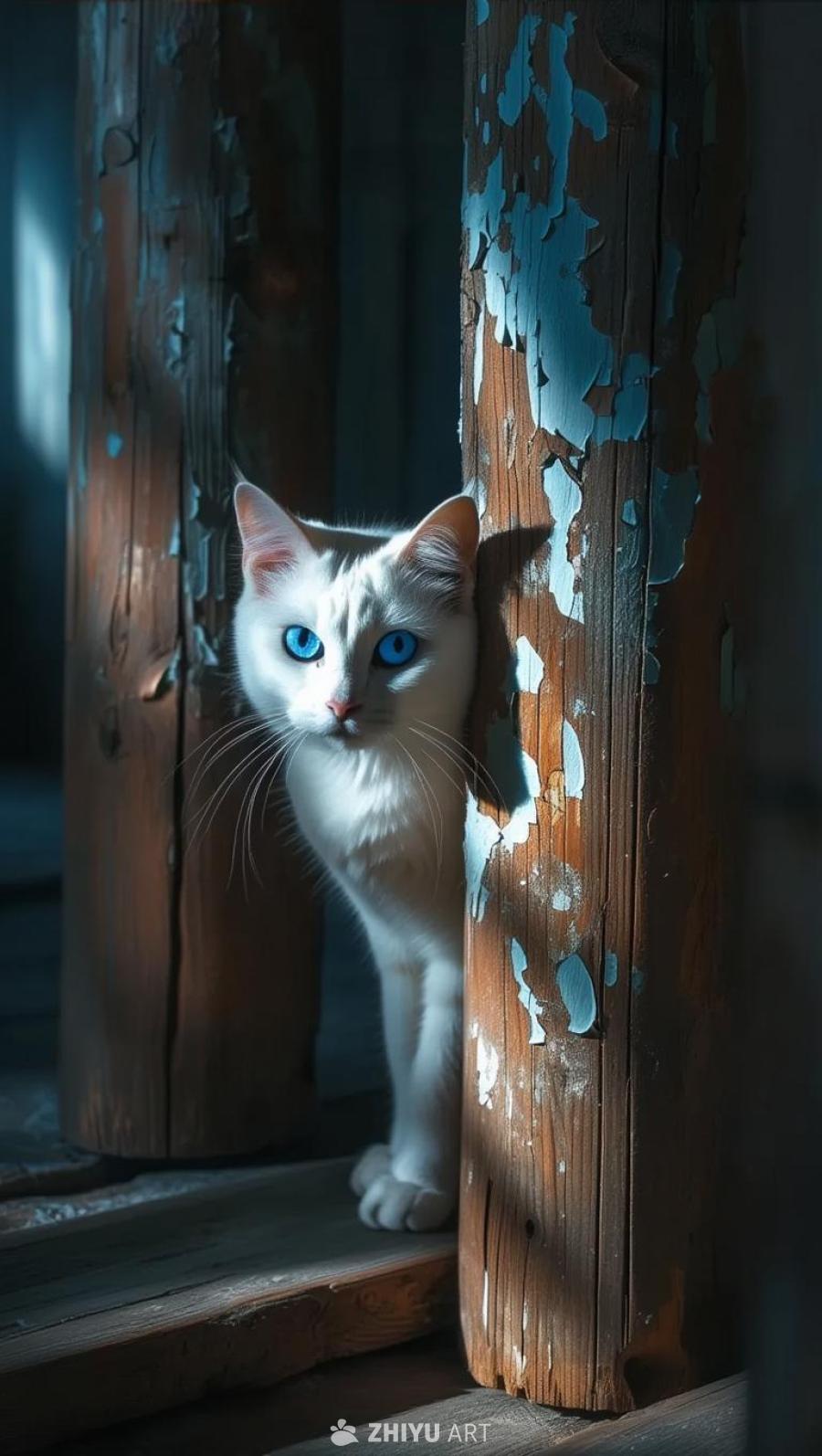 一只眼睛明亮的白色猫躲在一个黑暗阴森房间内的木柱后