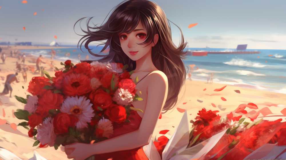 手拿花花的插画美女