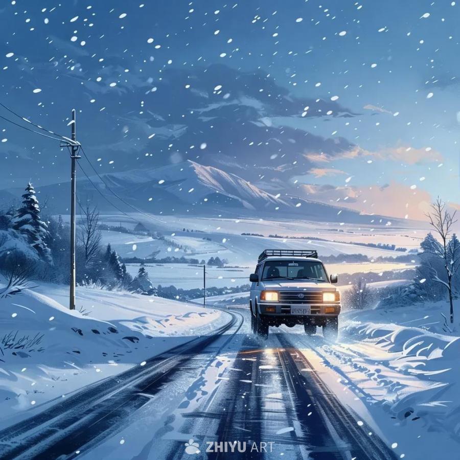 一辆汽车行驶在被雪覆盖的荒凉道路上。天空中飘落着雪