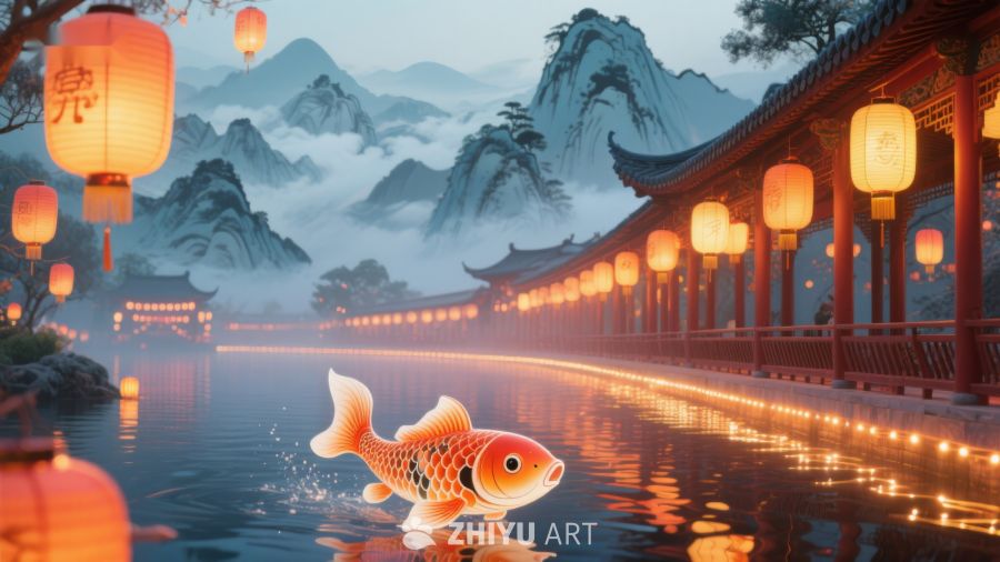 鲤鱼跃水，古桥灯笼映山景 233