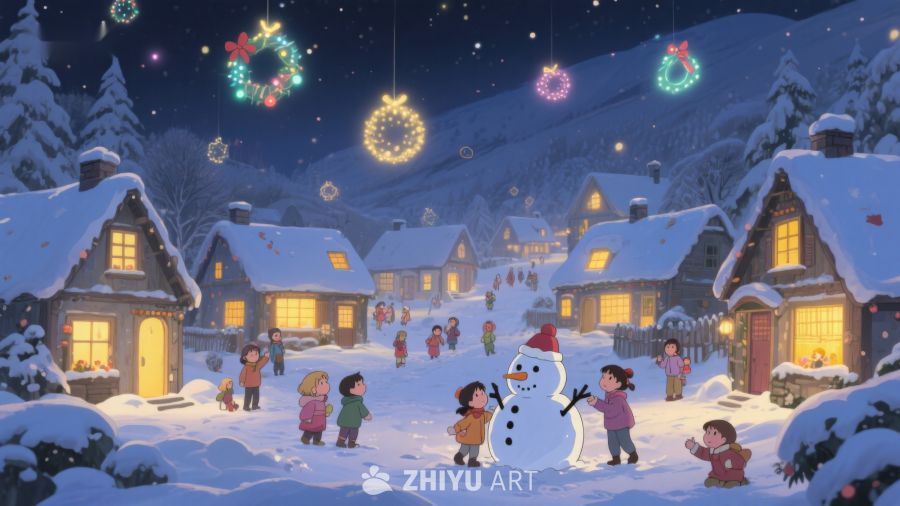 冬夜雪村，童趣堆雪人 105