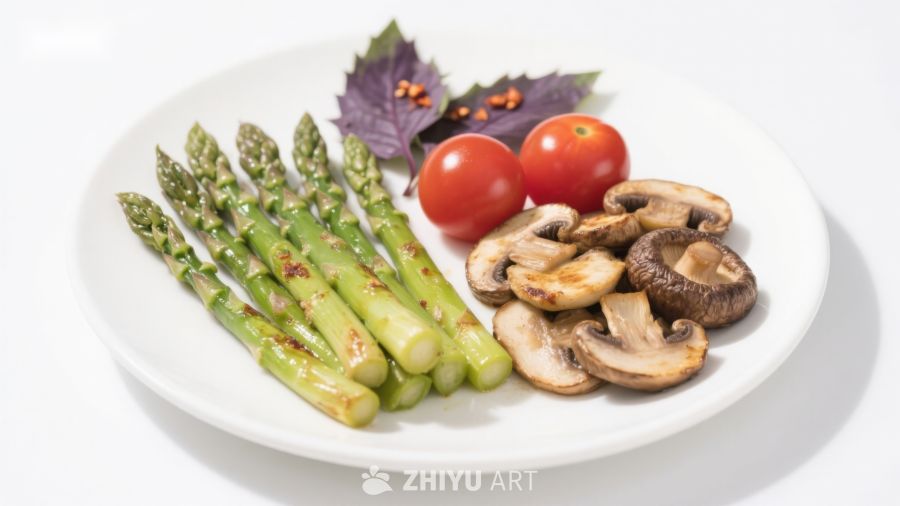 盘中芦笋香菇与番茄