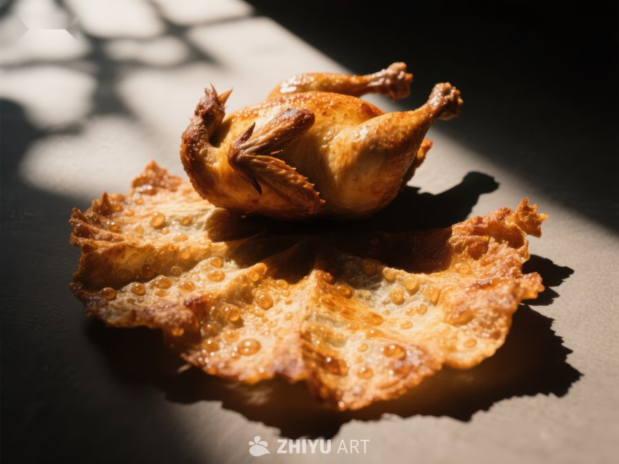 烤鸡与脆皮装饰的光影艺术