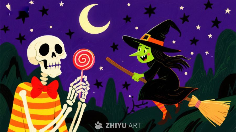 万圣夜骷髅与女巫共享糖果