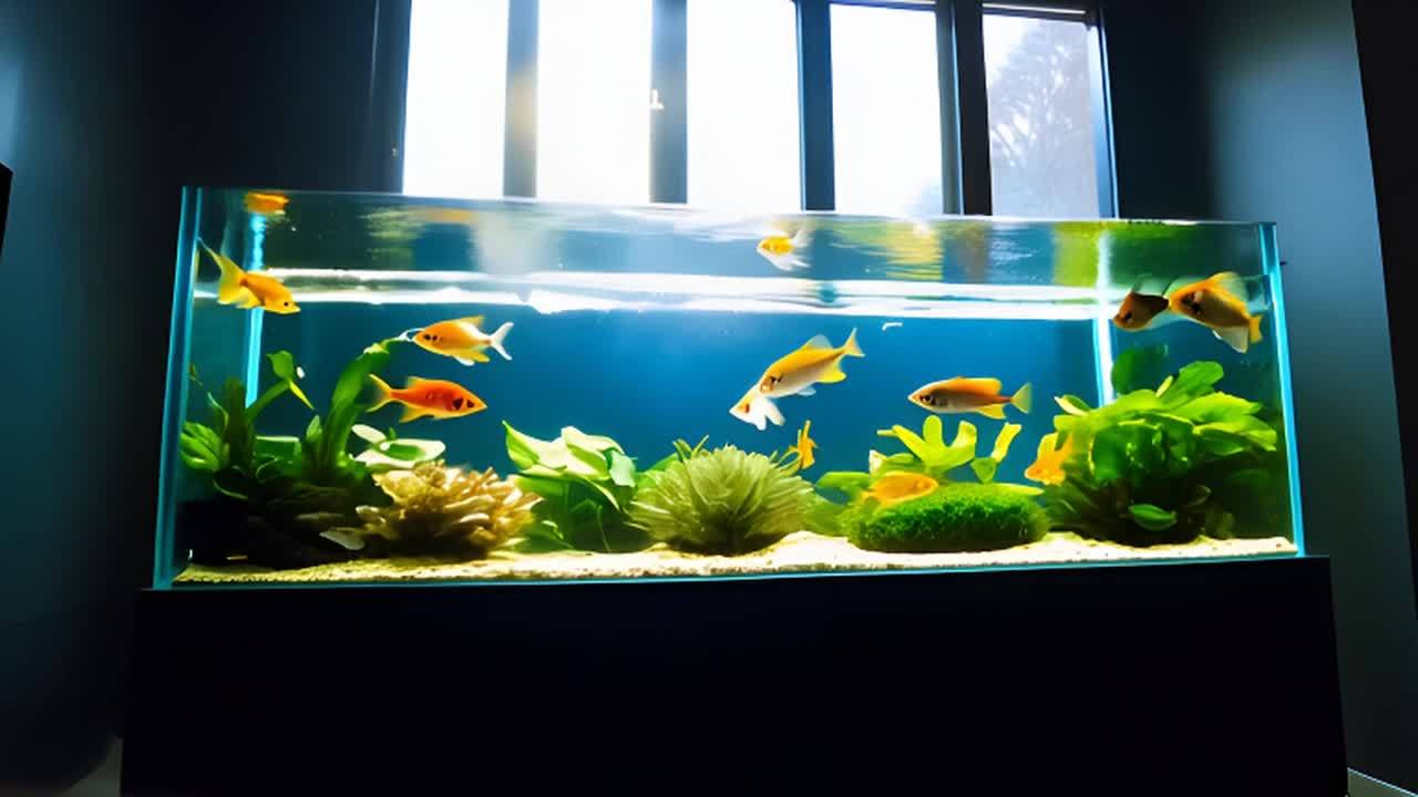一个设计精巧的水族箱，里面有色彩鲜艳的鱼在游动。阳