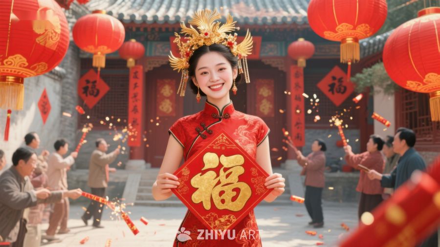 传统服饰女子手持福字庆祝节日 27