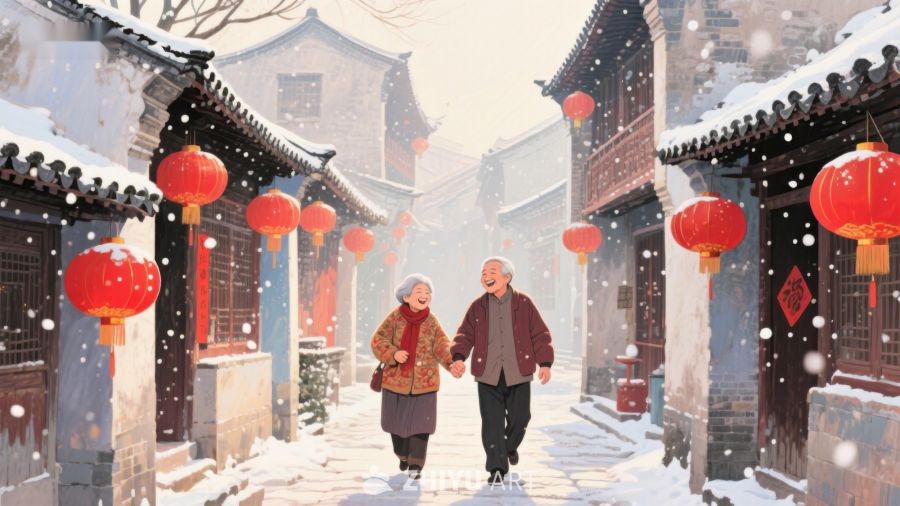 雪中古巷，老夫妇携手漫步 1108